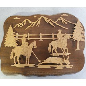 3D Wood Wall Hanging of Cowboys Branding A Cow - Hand Made - One of a Kind - NEW